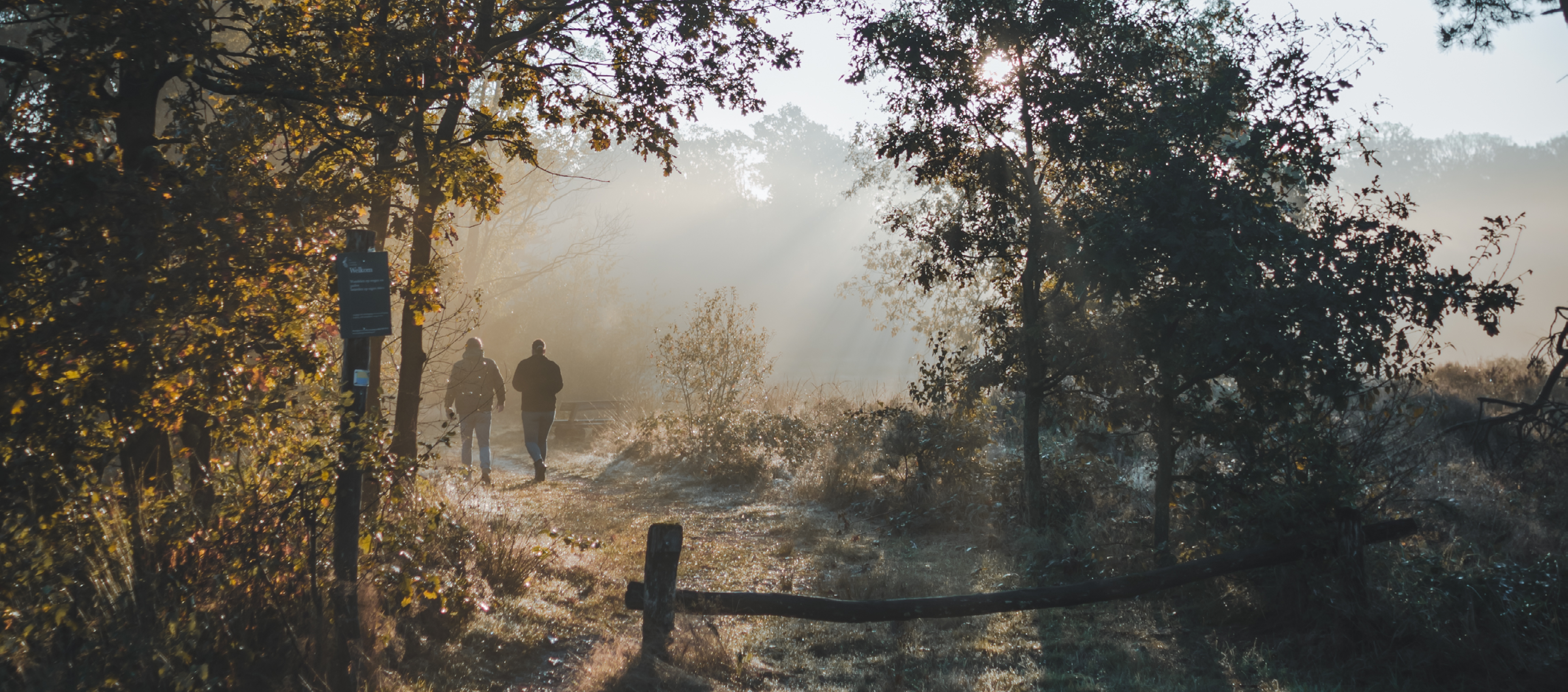 Twee wandelaars op een bospad in de vroege ochtendzon, met zonnestralen die door de bomen schijnen.