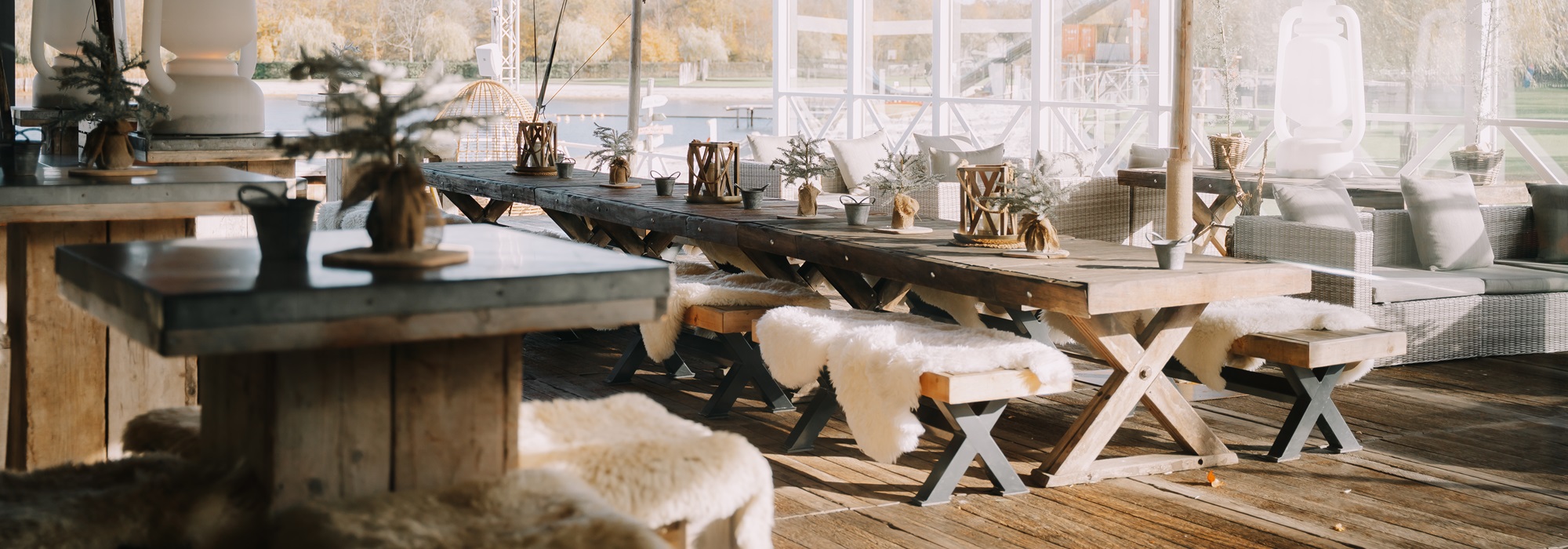 Beachclub Degreez met sfeervolle verlichting en herfstige bomen op de achtergrond, gezien op een rustige novemberdag.