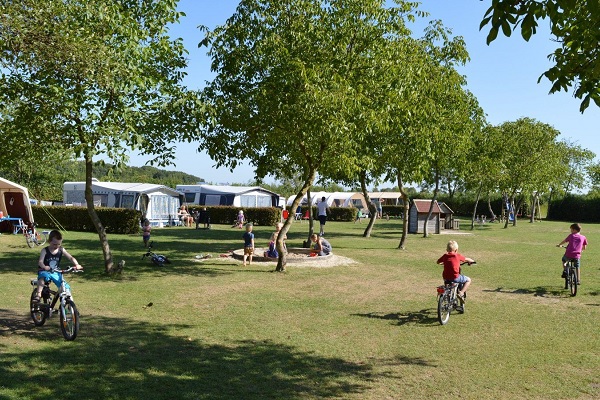 Kinderen fietsen op het speelveld van camping de Petrushoeve in Beesel