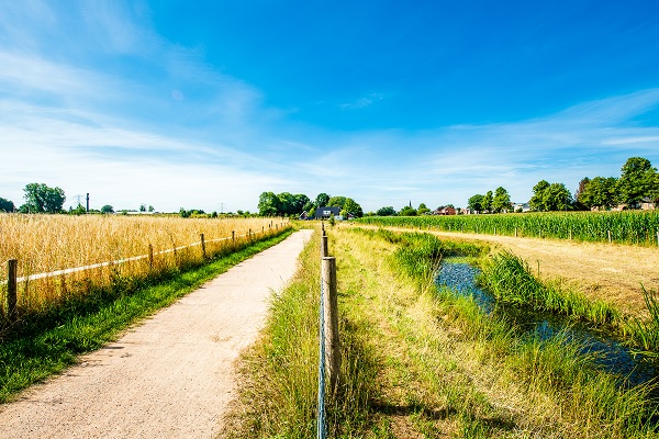 Radweg durch die Landschaft und entlang der Felder von Leudal