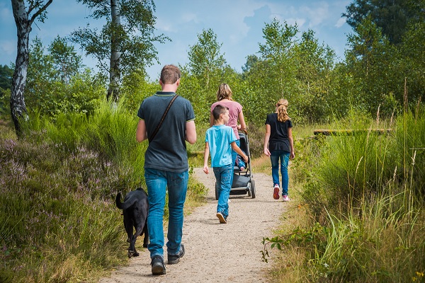 Gezin wandelt met de hond in Nationaal Park de Meinweg
