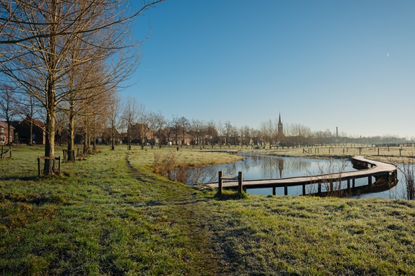 Curved wooden path over the water in a wintry grassland near Buggenum, with trees and the church tower in the background.