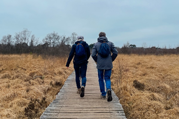 Two hikers on a wooden boardwalk in De Groote Peel during a winter walk through the peatland.