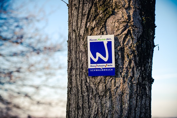 Blue sign with a large white W of the Water Walk World Schwalmbruch attached to a tree in winter.