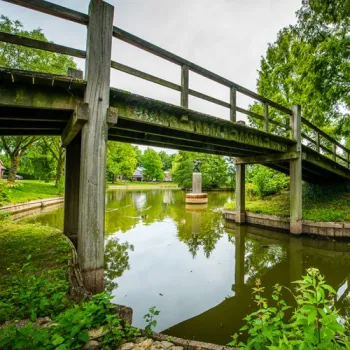 Houten brug over een smalle watergang met bomen en groen parklandschap eromheen.