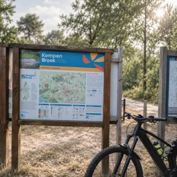 Mountainbike naast een informatiebord met wandel- en fietsroutes in KempenBroek, bij de ingang van een bosrijk gebied.
